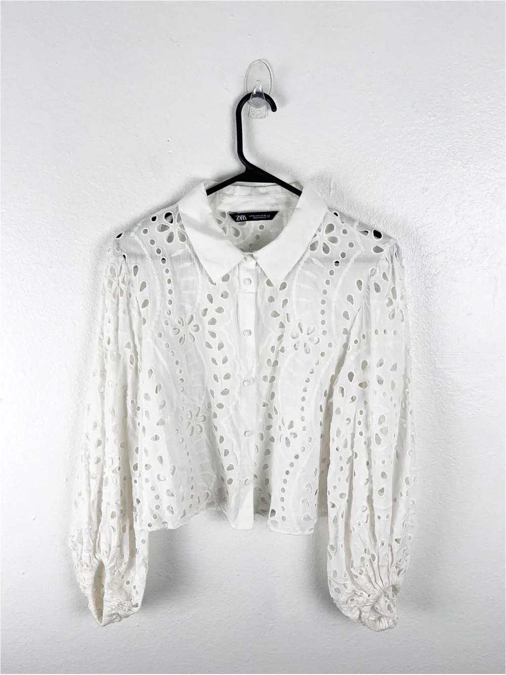 ZARA 100% Cotton White Eyelet Button Long Puff Sleeves Crop Top XL Boho Neutral